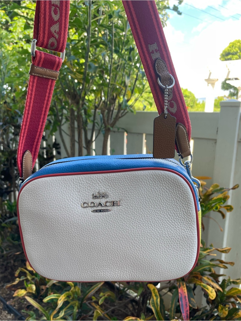 Coach White Leather Crossbody with Blue Top and Red Trim